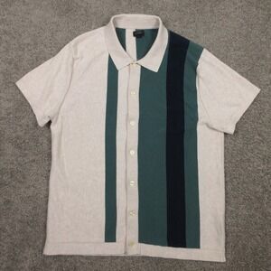 J Crew Shirt Mens Large Beige Green Striped Knit Sweater Short Sleeve Button Up